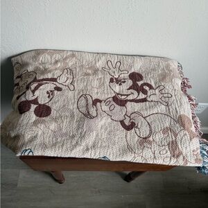 Disney Parks Mickey Mouse Throw Blanket 60”x45” Knit With Fringe Cream Blue Red